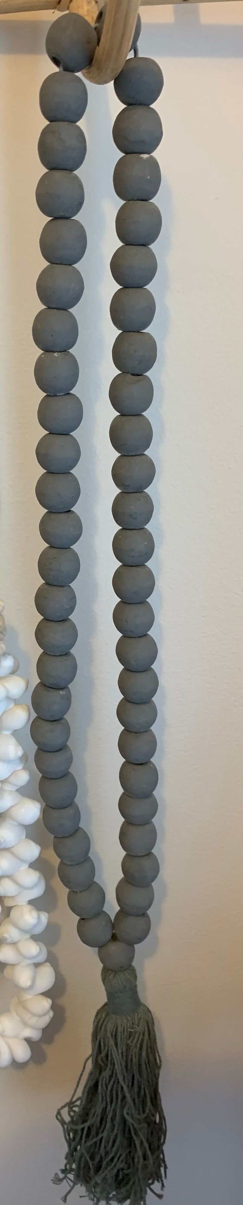 Grey bead necklace / tassel decoration. 60cm approx.